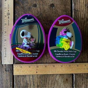 2 Whitman's Vintage 2004 Purple-Pink Easter Egg Containers with Snoopy Keychains